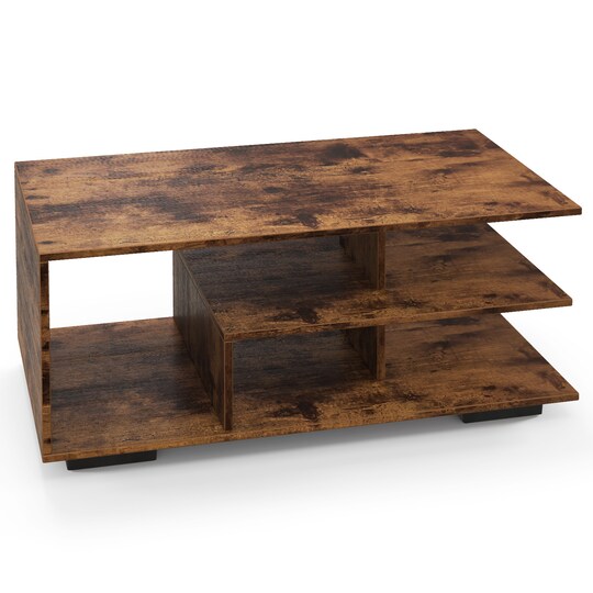 Engineered Wood Coffee Table with 3-Tier Storage Shelves, L-Shaped Engineered Wood Coffee Table with 3-Tier Storage Shelves, L-Shaped